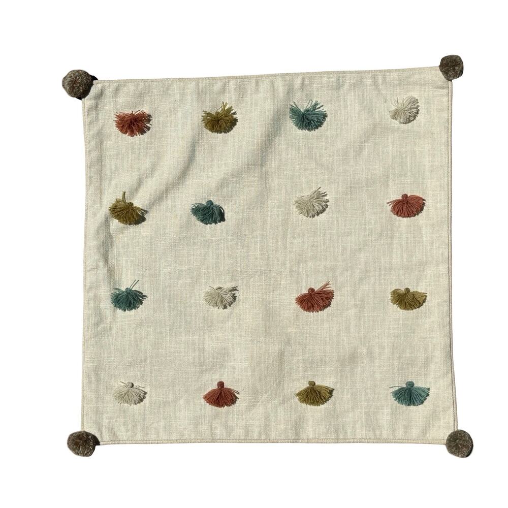 SURYA Pillow Cover 18" x 18" Byron‎ Bay Cotton Tassles Pompoms Cream Multi-Color